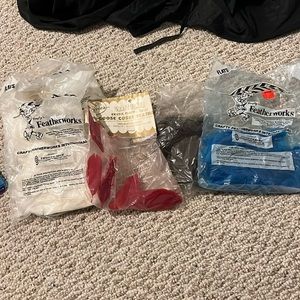 Red, white, brown and blue feathers